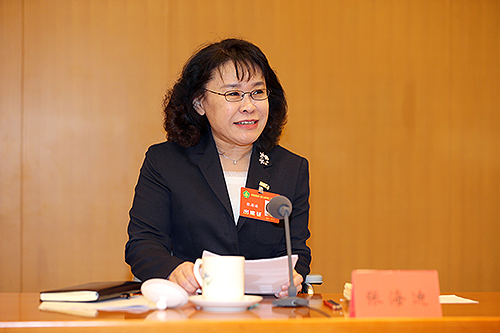 圖為中國殘聯(lián)主席張海迪出席會議并講話